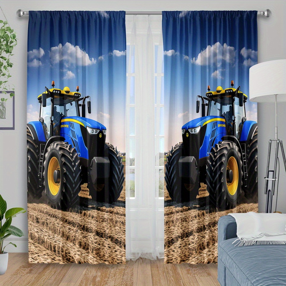 Agriculture Farming For Kids - Mavi Traktör Perdesi, Tarım Makineleri Baskılı